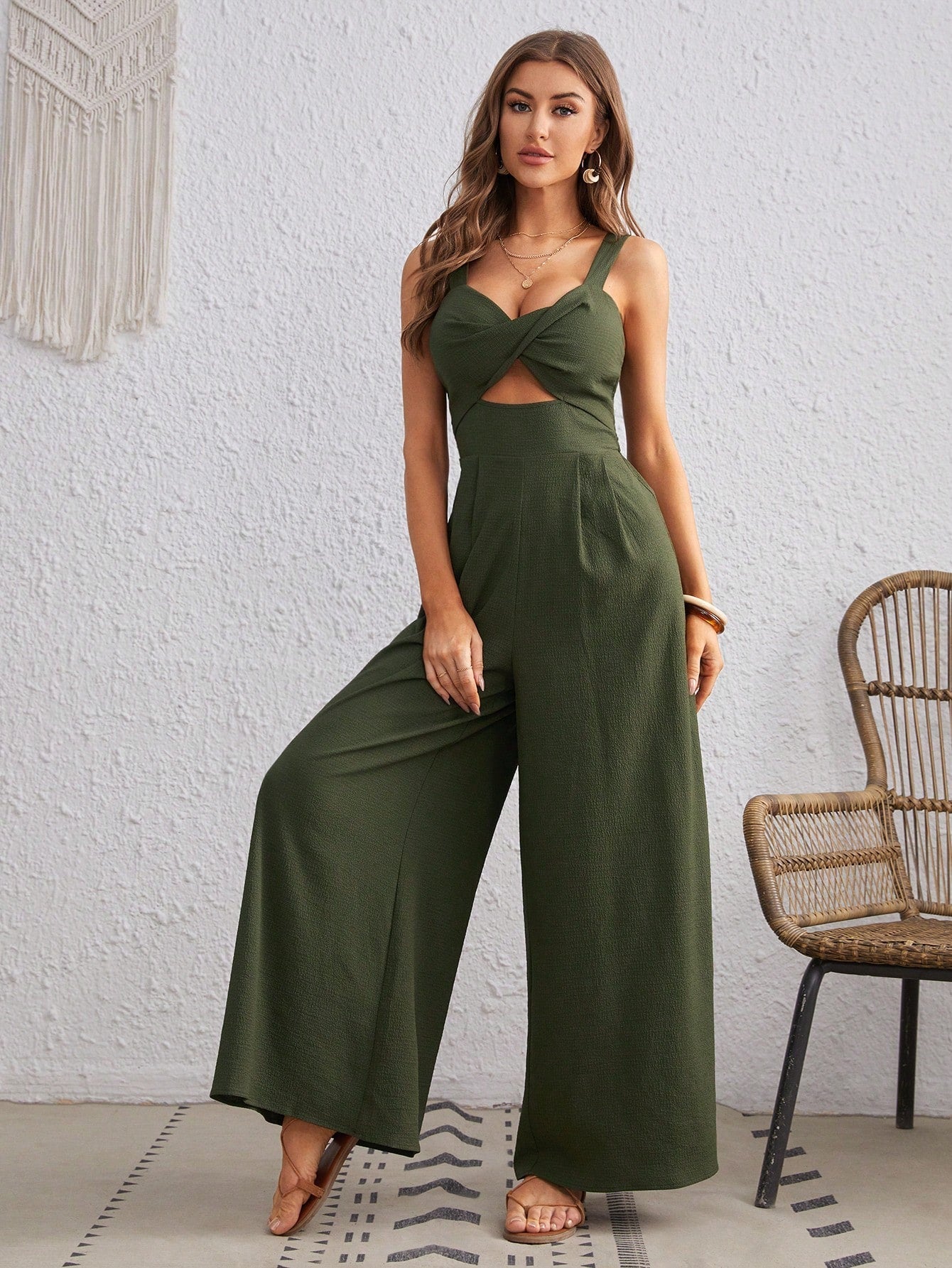VCAY Women's Solid Color Loose Overall Jumpsuit With Spaghetti Straps