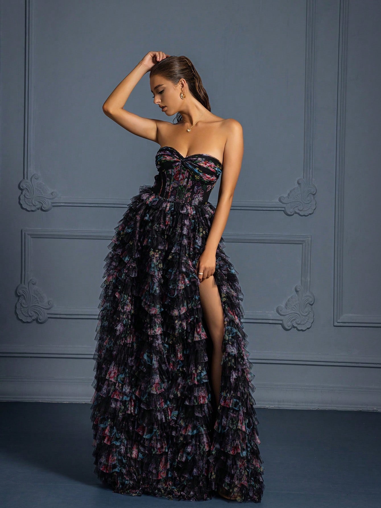 Ladies' Floral Printed Strapless Ball Gown Maxi Dress For Evening Party