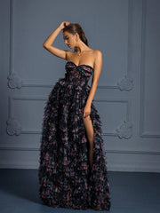Ladies' Floral Printed Strapless Ball Gown Maxi Dress For Evening Party