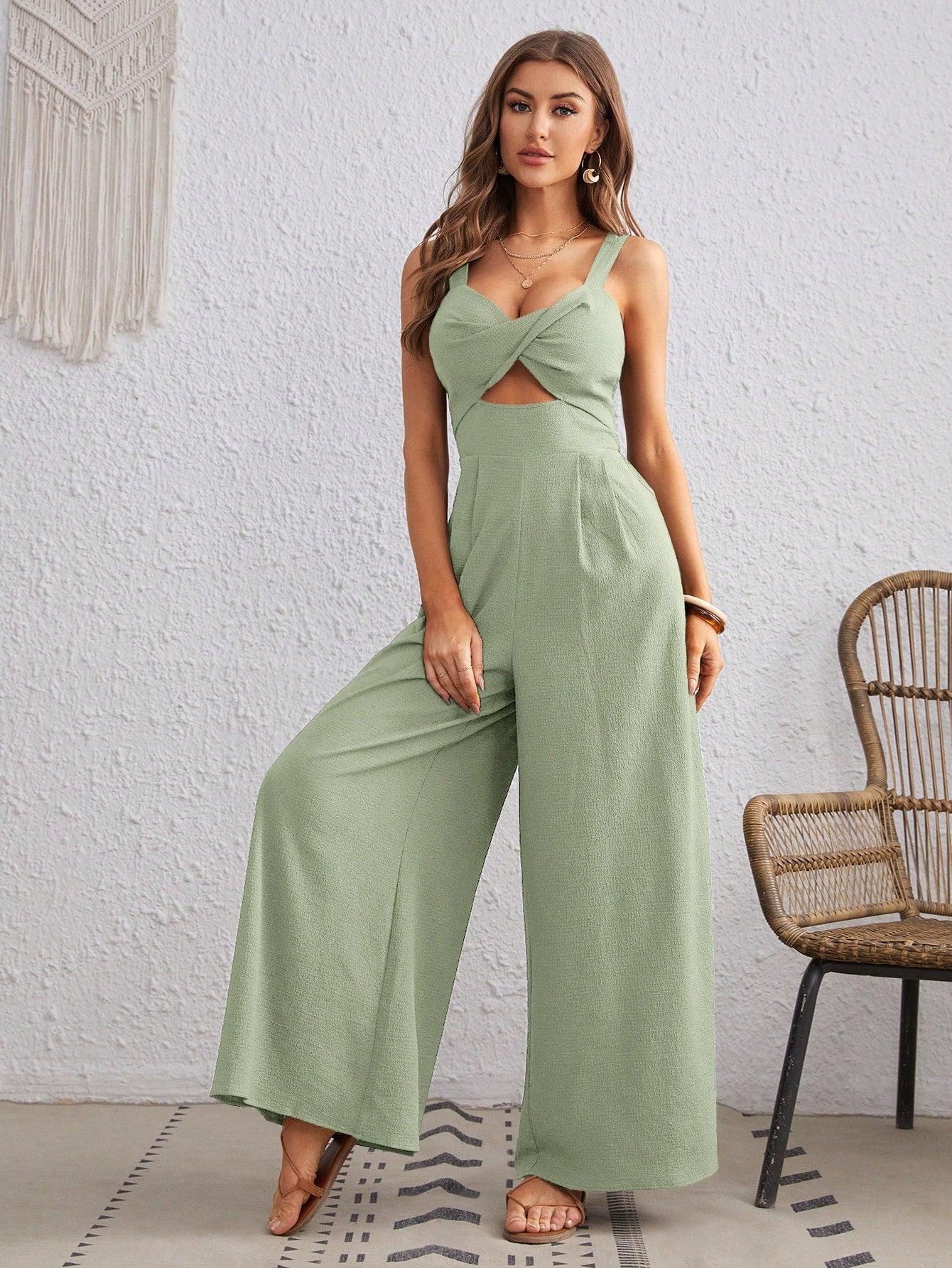 VCAY Women's Solid Color Loose Overall Jumpsuit With Spaghetti Straps