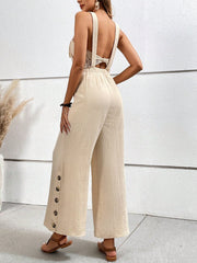 VCAY Women's Vacation Style Wide Leg Jumpsuit With Texture, Button Detailing And Spaghetti Straps