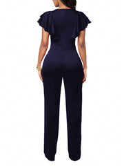 Women'S Jumpsuit With Ruffle Sleeves And Waist Metal Buckle Decoration